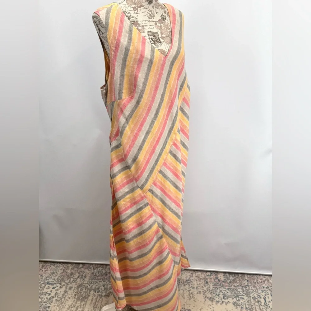 PURE JILL Pink, gray & yellow Linen sleeveless V neck maxi sundress size 3X - Picture 7 of 16